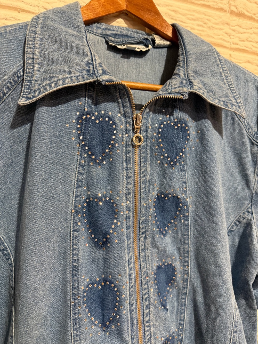 Cathy Daniels Blue Denim Zip-Front Jacket with Bedazzled Heart Accents